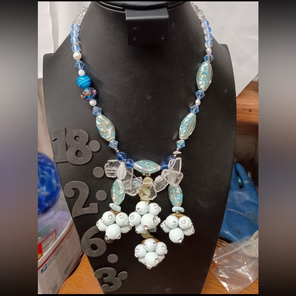 Artisan Blue and Silver multi media Beaded Necklace
